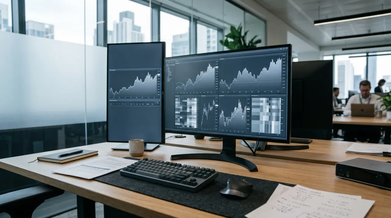 Monitory s grafy, klávesnice a papírové poznámky na stole